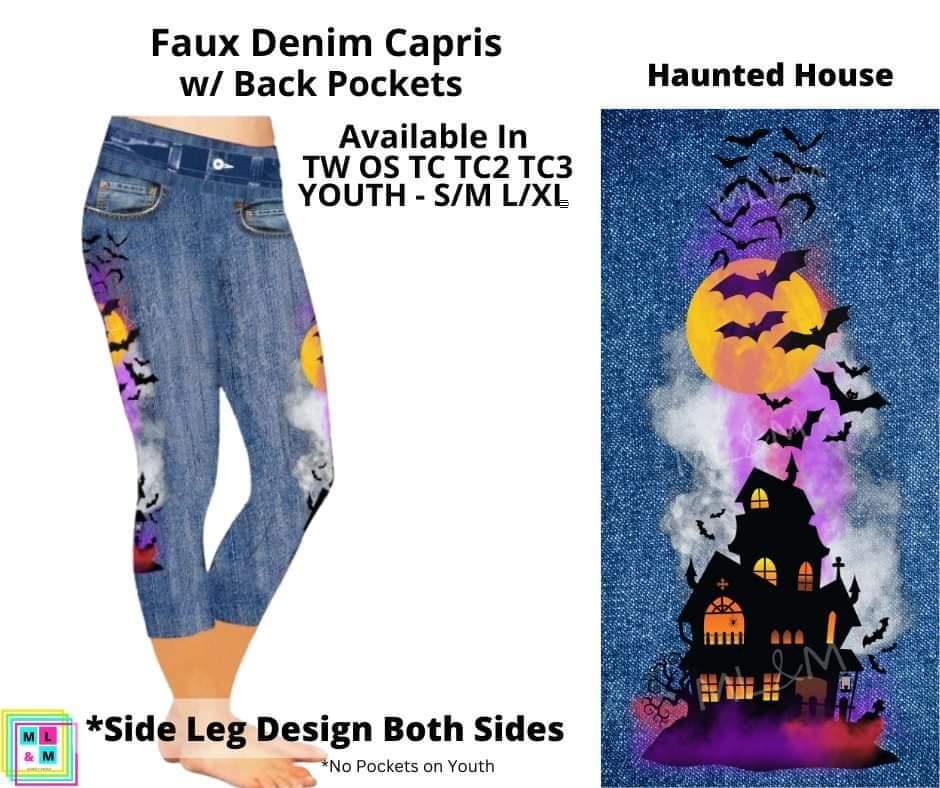 Haunted House Capri Faux Denim w/ Side Leg Designs