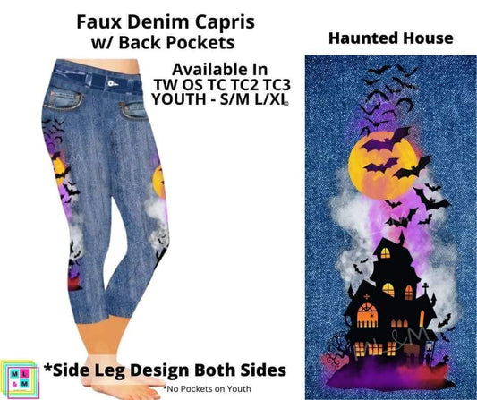Haunted House Capri Faux Denim w/ Side Leg Designs