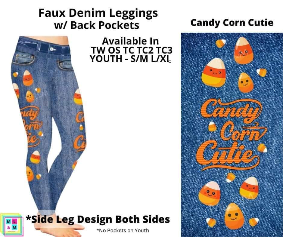Candy Corn Cutie Full Length Faux Denim w/ Side Leg Designs