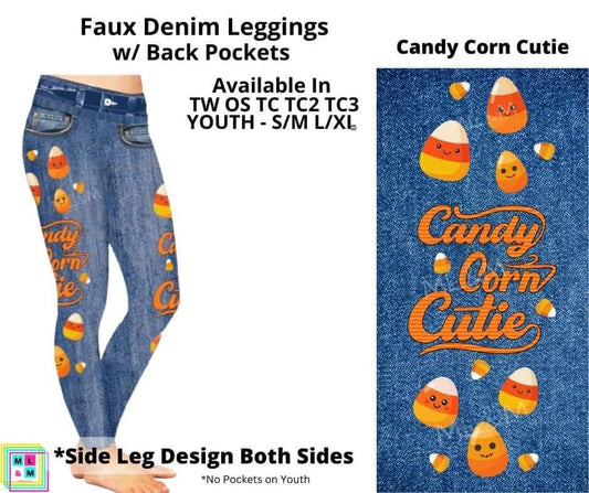 Candy Corn Cutie Full Length Faux Denim w/ Side Leg Designs