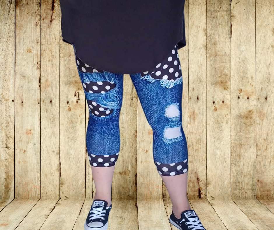 Black & White Polka Dot Faux Denim Capris