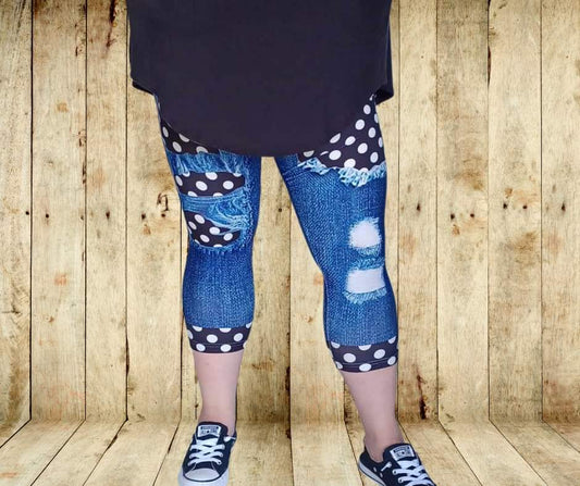 Black & White Polka Dot Faux Denim Capris