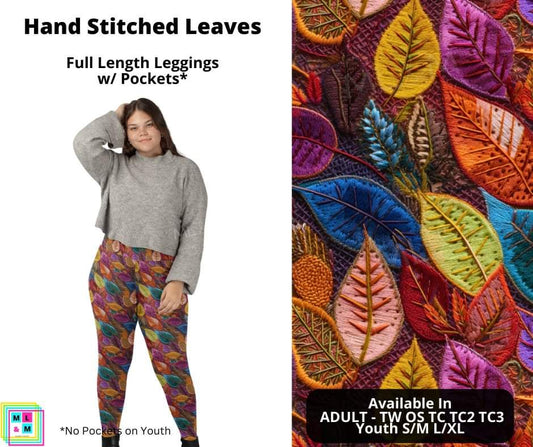 Hand Stitched Leaves Full Length Leggings w/ Pockets