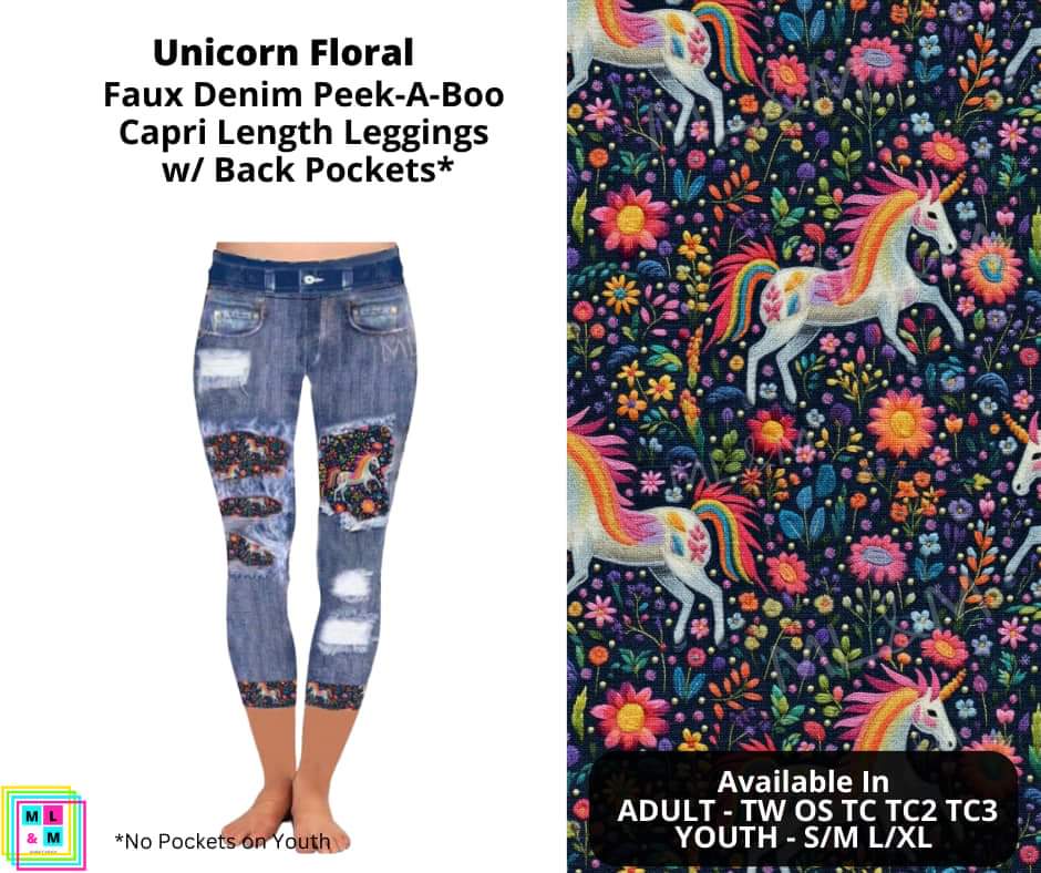Unicorn Floral Faux Denim Capris