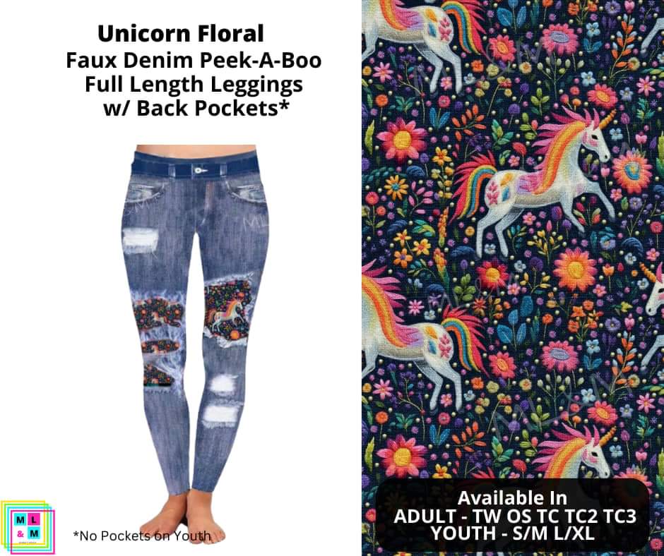 Unicorn Floral Faux Denim Full Length