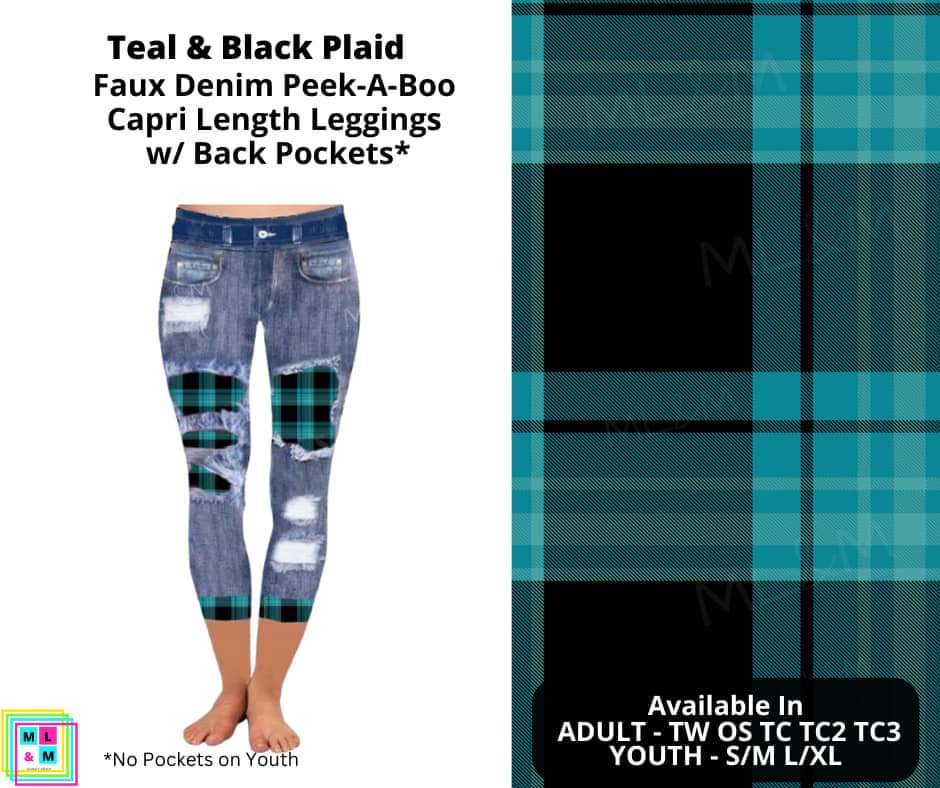 Teal & Black Plaid Faux Denim Capris