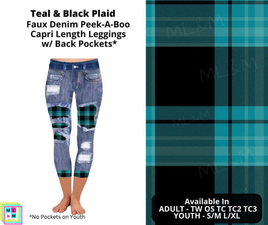 Teal & Black Plaid Faux Denim Capris
