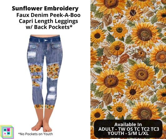 Sunflower Embroidery Faux Denim Capris