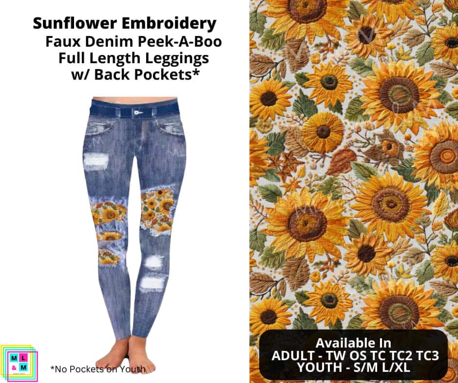 Sunflower Embroidery Faux Denim Full Length