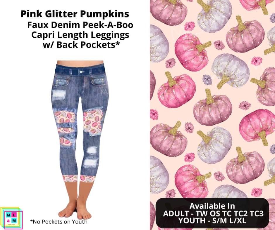 Pink Glitter Pumpkins Faux Denim Capris