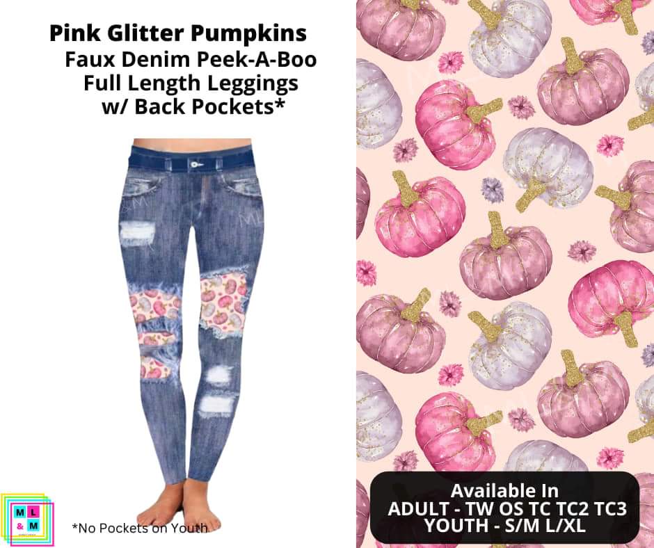 Pink Glitter Pumpkins Faux Denim Full Length