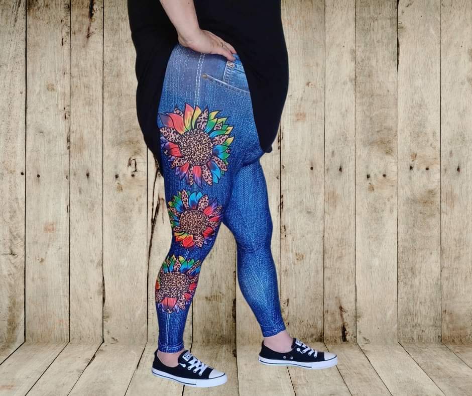 Tie Dye Sunflowers Full Length Faux Denim w/ Side Leg Designs