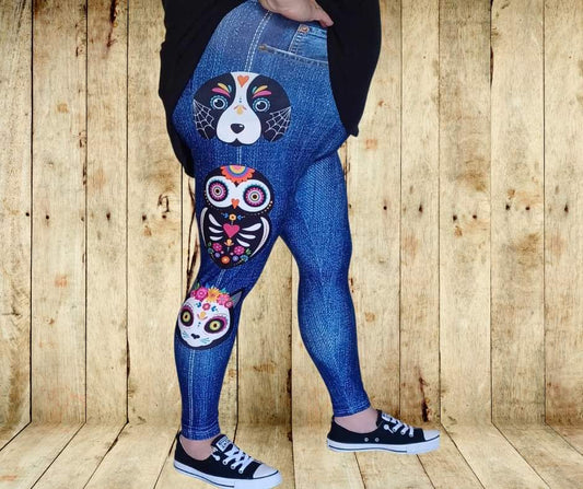 Sugar Skull Friends Full Length Faux Denim w/ Side Leg Designs