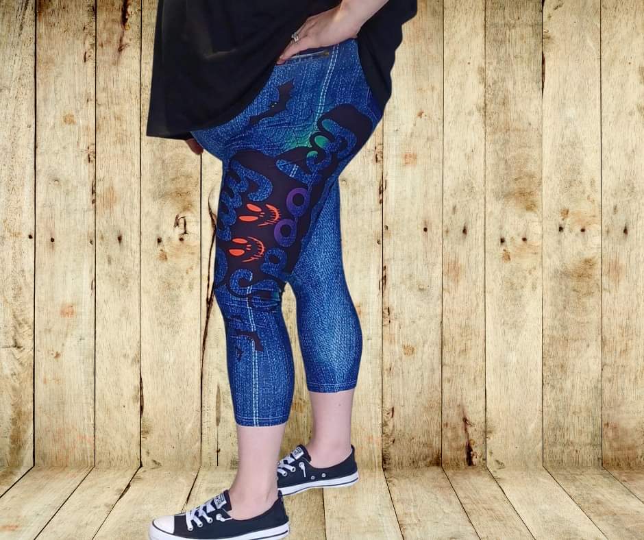 Stay Spooky Capri Faux Denim w/ Side Leg Designs