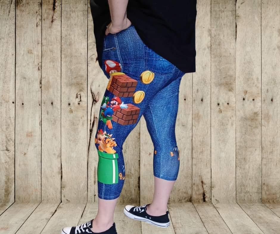 Plumber Game Capri Faux Denim w/ Side Leg Designs