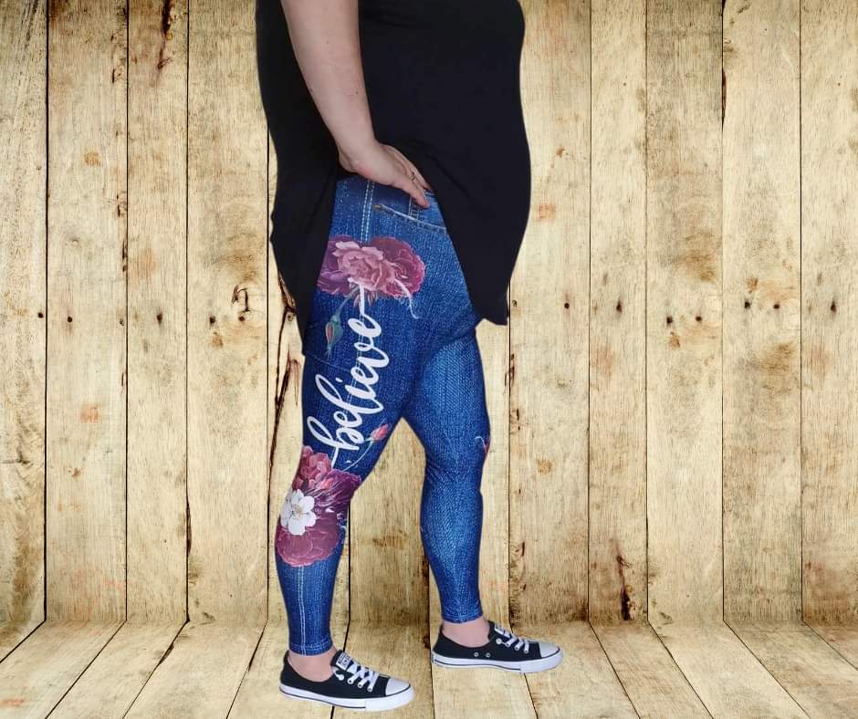 Believe Full Length Faux Denim w/ Side Leg Designs