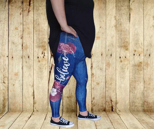 Believe Full Length Faux Denim w/ Side Leg Designs