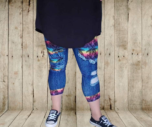 Tropical Shadow Faux Denim Capris