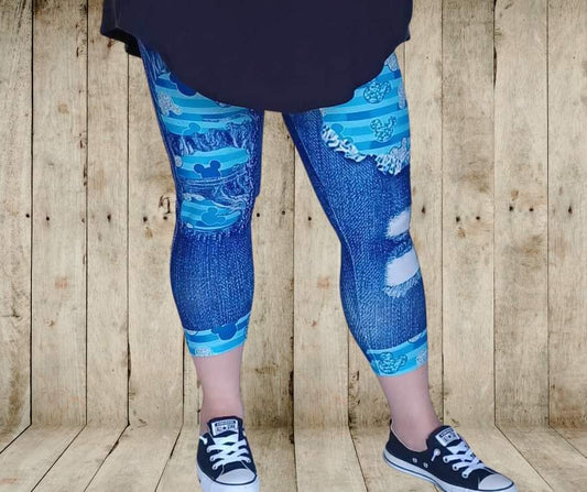 Blue Mouse Stripes Faux Denim Capris