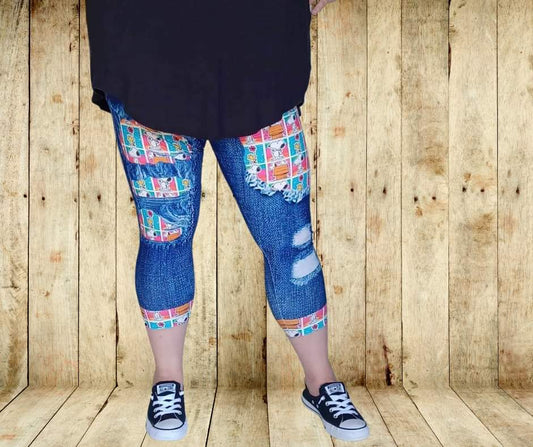 Rainbow Pup Squares Faux Denim Capris