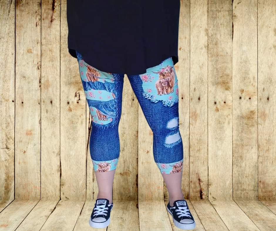 Rosy Highland Cows Faux Denim Capris