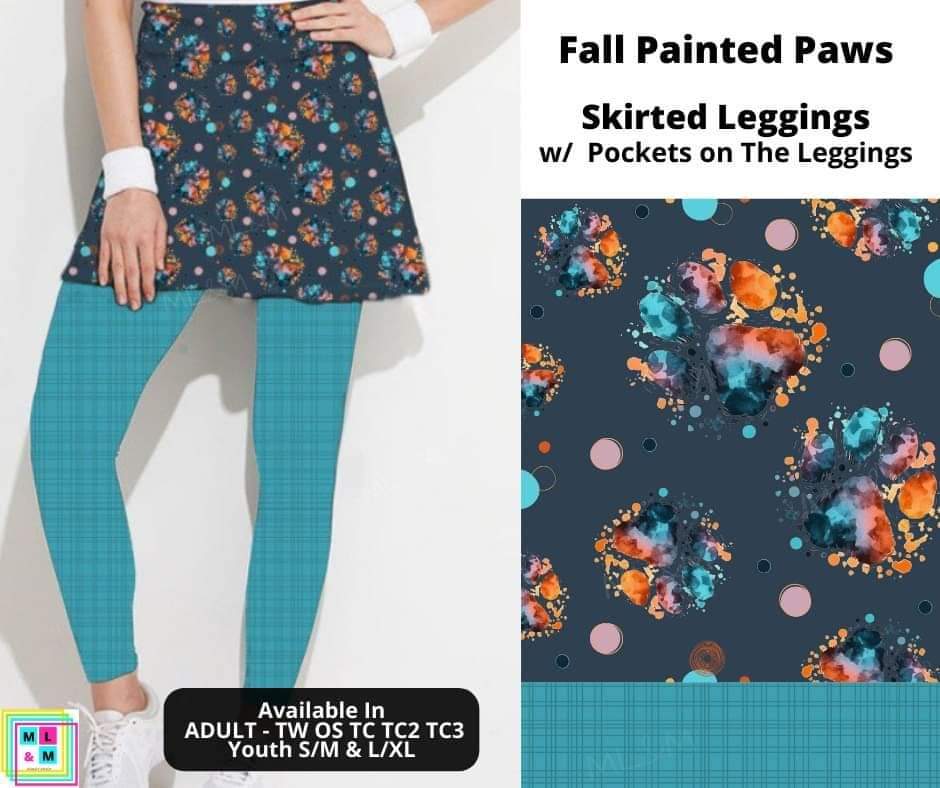 Fall Painted Paws Skirted Full Length Leggings w/ Pockets