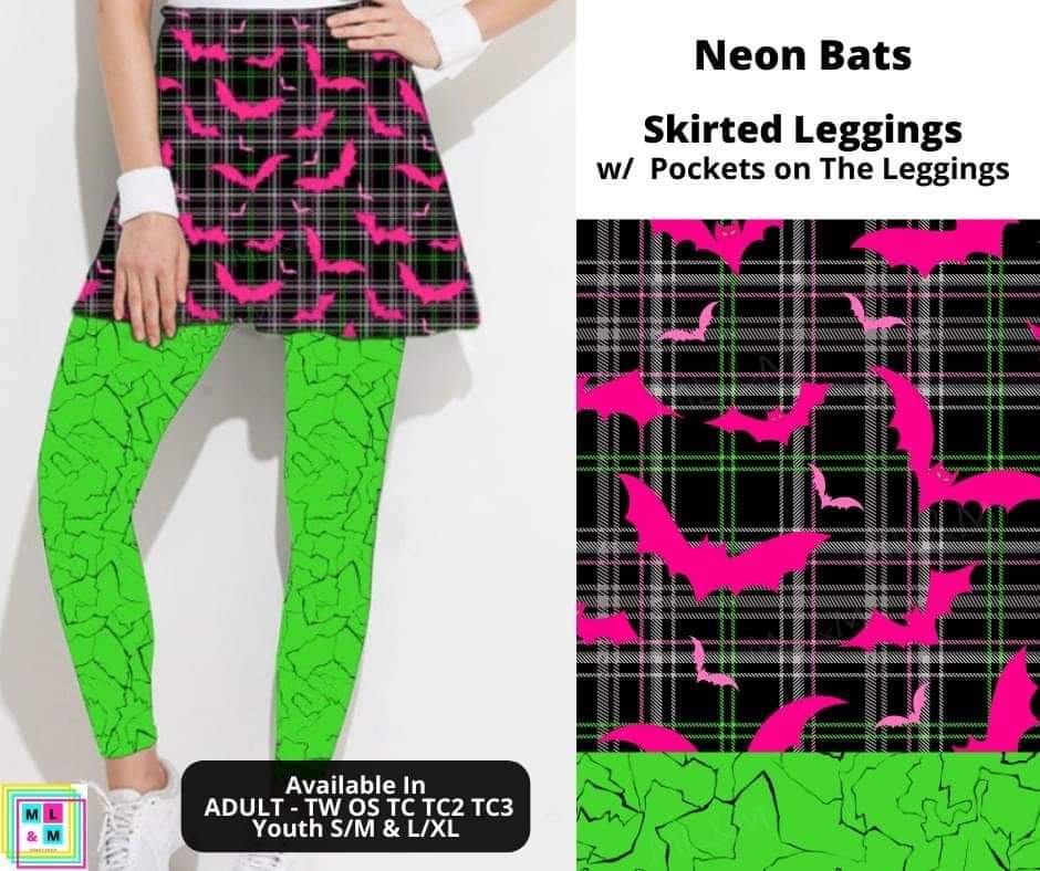 Neon Bats Skirted Full Length Leggings w/ Pockets