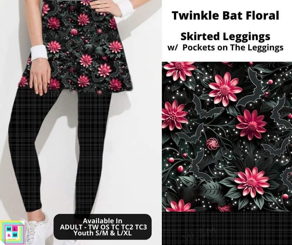 Twinkle Bat Floral Skirted Full Length Leggings w/ Pockets