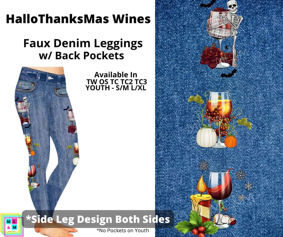HallowThanksMas Wines Full Length Faux Denim w/ Side Leg Designs