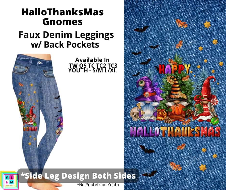 HallowThanksMas Gnomes Full Length Faux Denim w/ Side Leg Designs