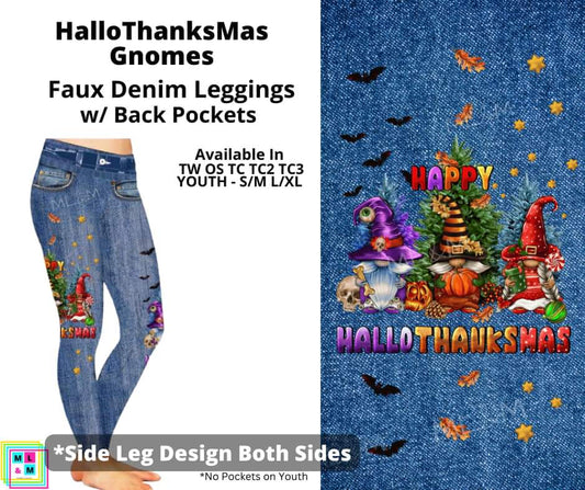 HallowThanksMas Gnomes Full Length Faux Denim w/ Side Leg Designs