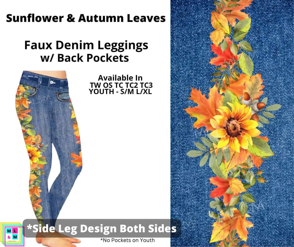 Sunflower & Autumn Leaves Full Length Faux Denim w/ Side Leg Designs