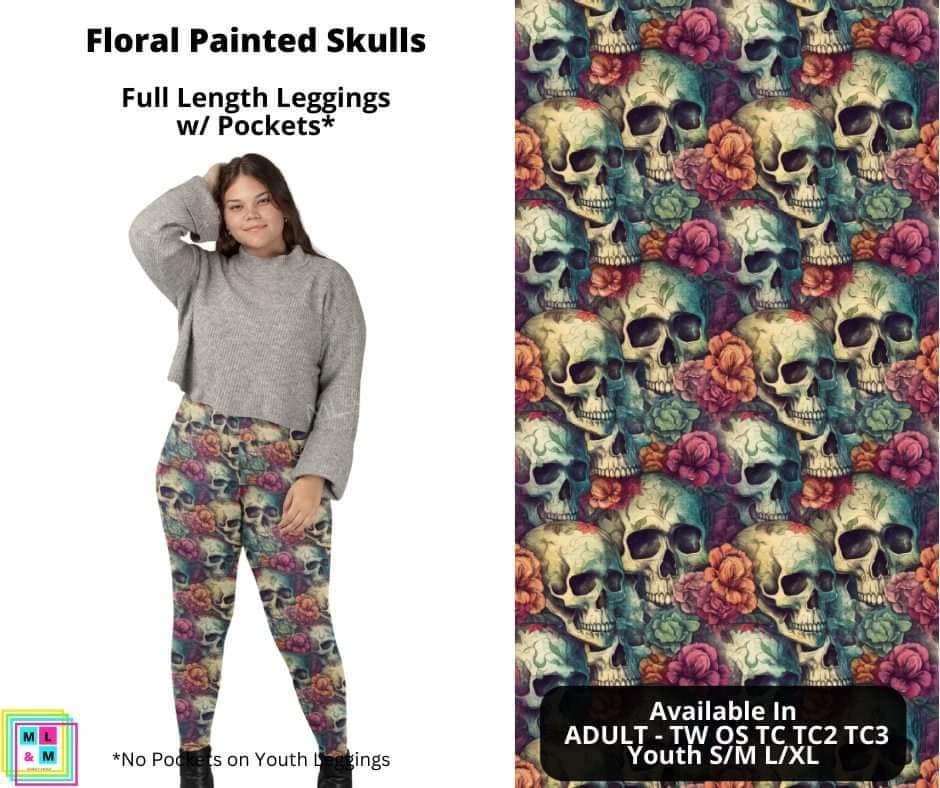 Floral Painted Skulls Full Length Leggings w/ Pockets