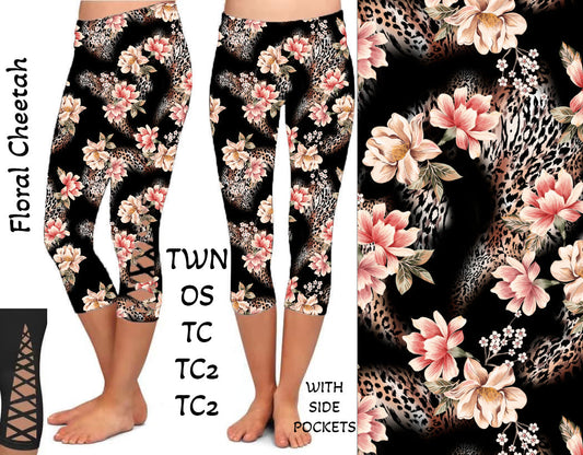 Floral Cheetah Criss Cross Capris with Pockets