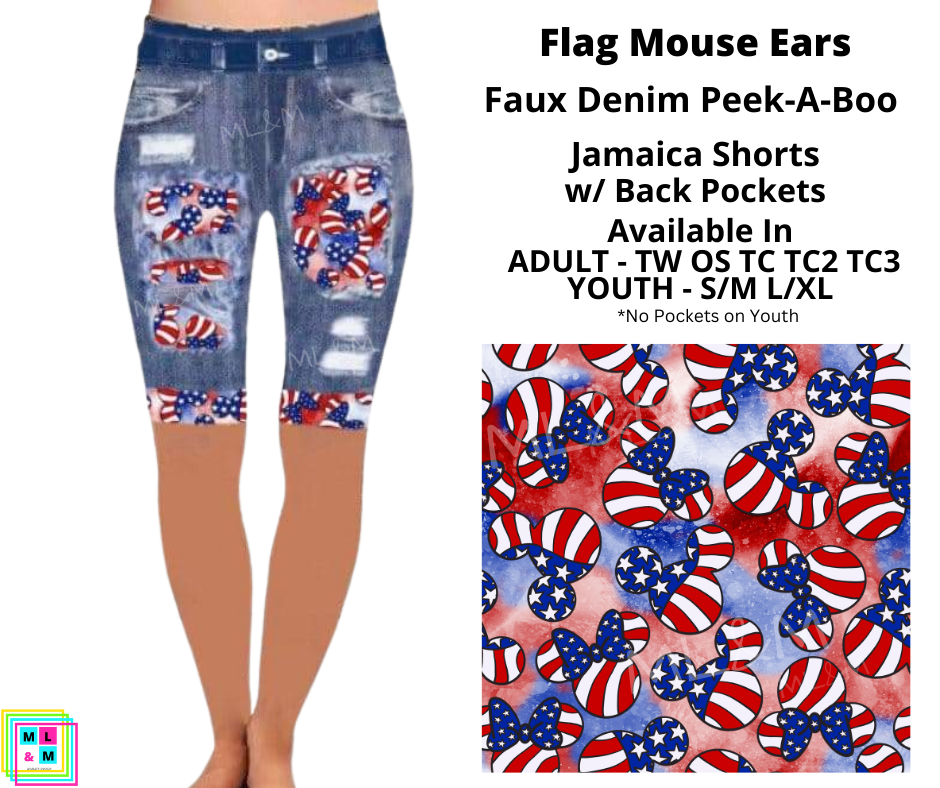 Flag Mouse Ears Faux Denim Jamaica Shorts
