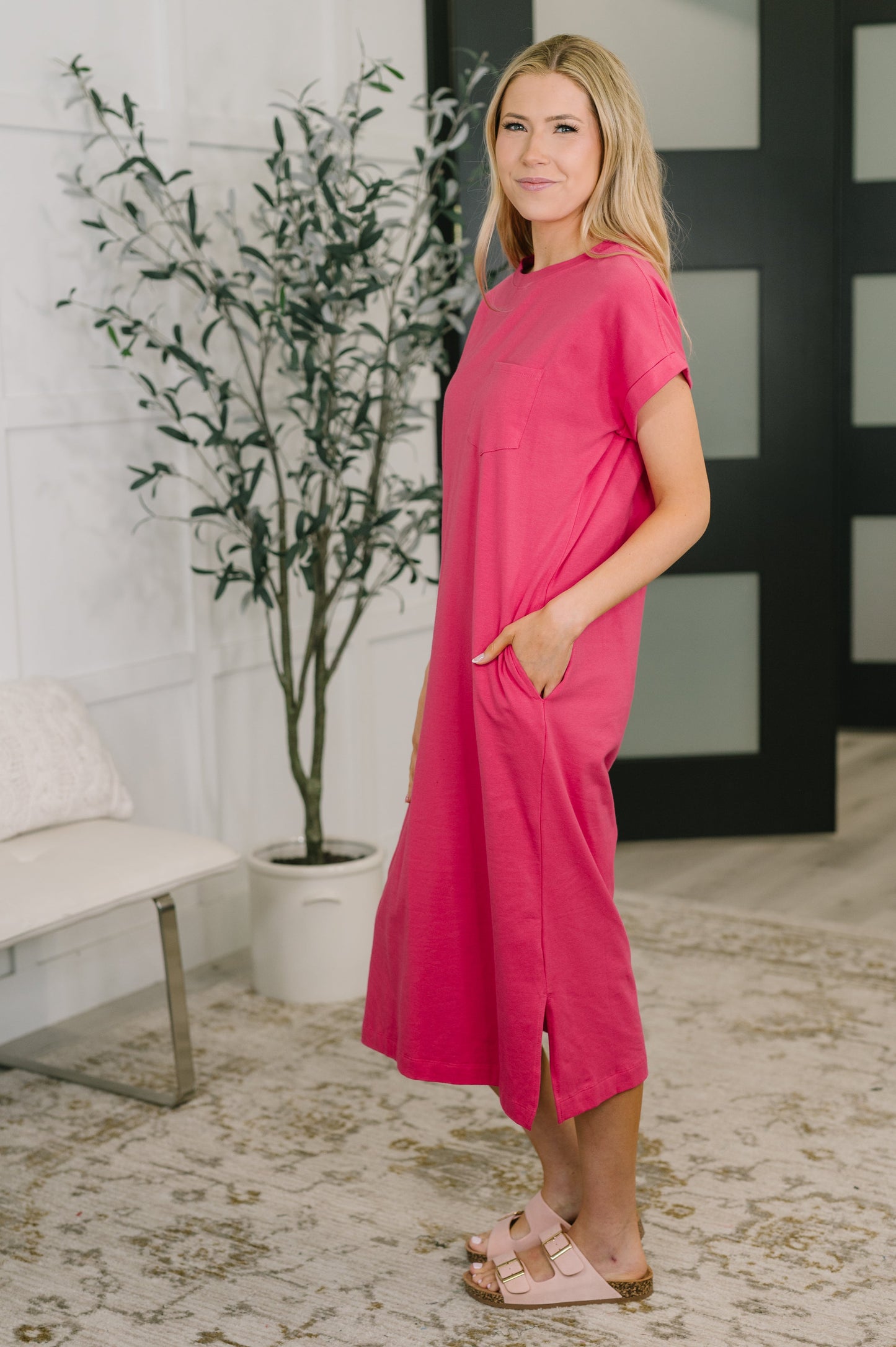 Fix You Right Up Short Sleeve Midi Dress in Hot Pink