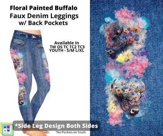 Floral Painted Buffalo Full Length Faux Denim w/ Side Leg Designs