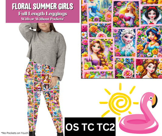 Floral Summer Girls Full Length Leggings w/ Pockets