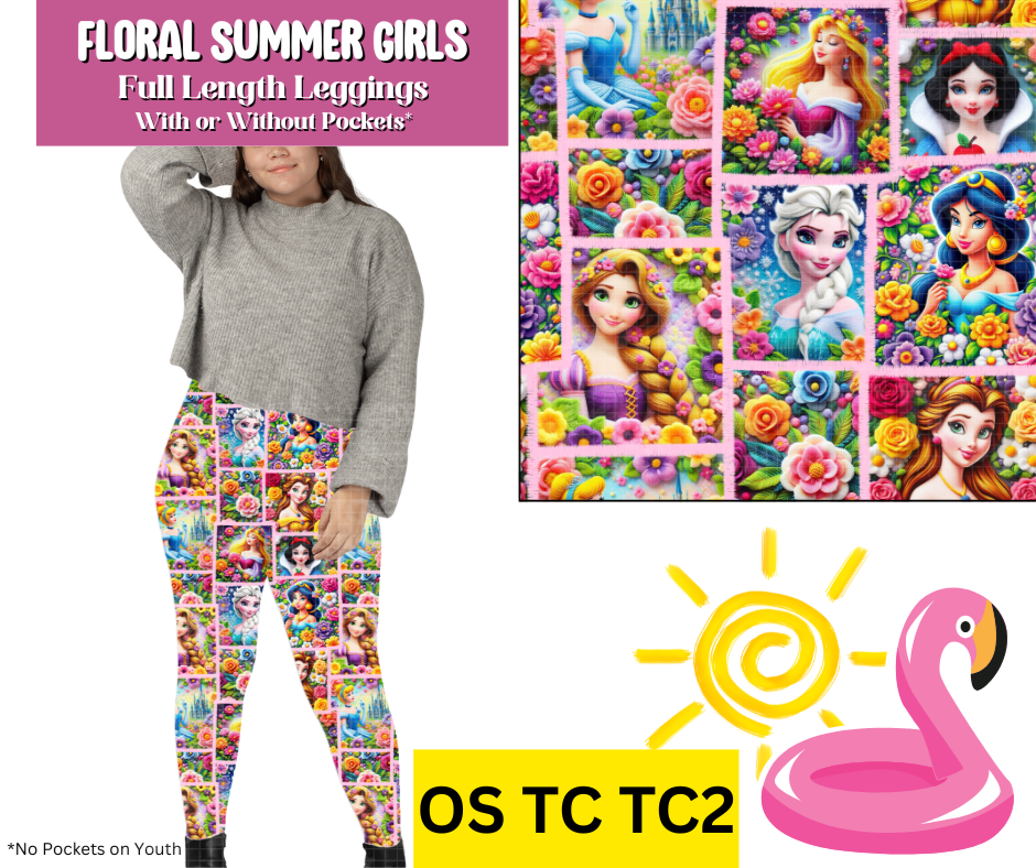 Floral Summer Girls Full Length Leggings w/ Pockets