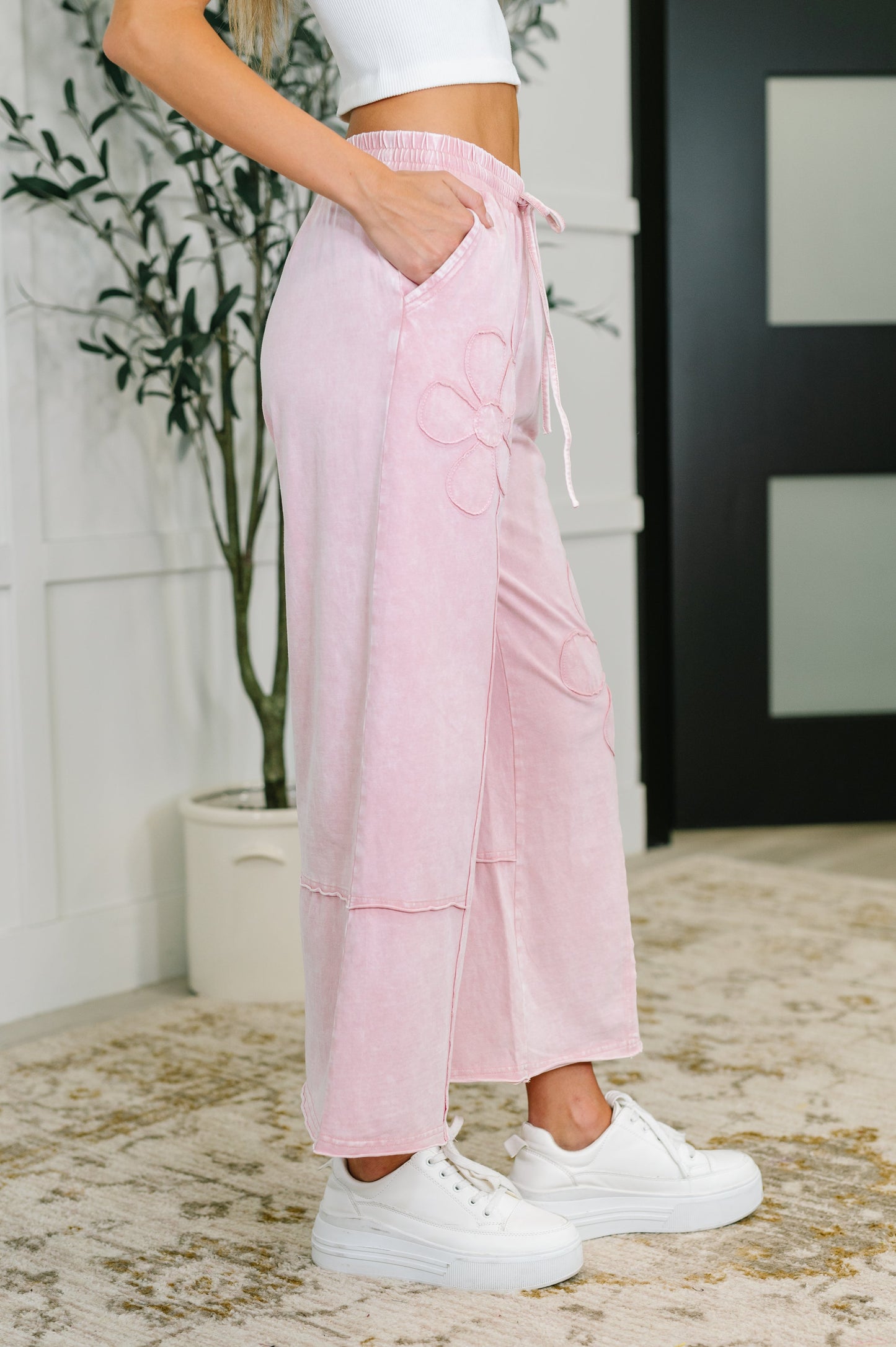 PREORDER: Flower Applique Cropped Flare Bottoms in Light Pink