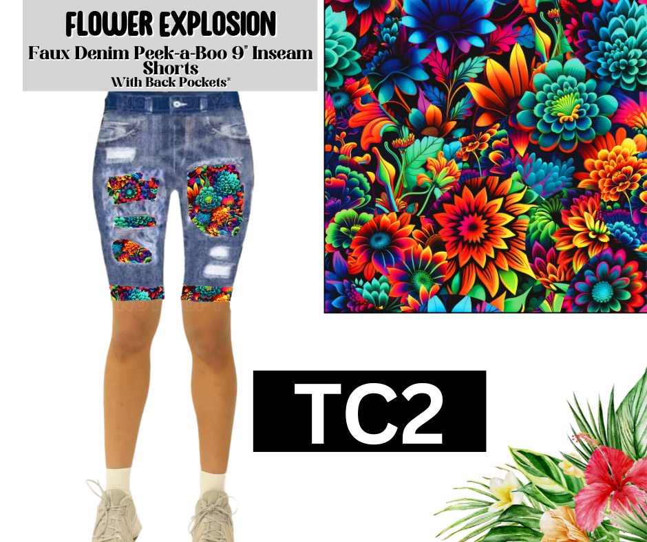 Flower Explosion Faux Denim Peekaboo Jamaica Shorts