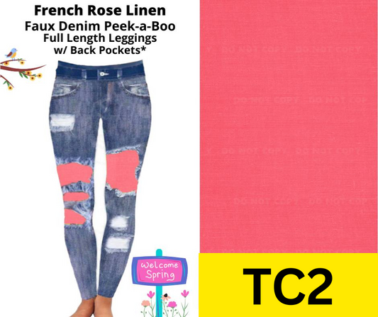 French Rose Linen Faux Denim Full Length Peekaboo Leggings