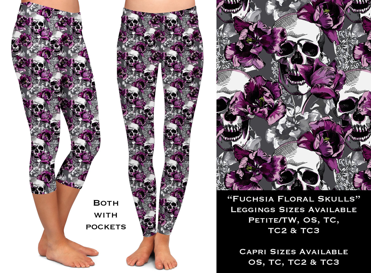 Grey Fuchsia Flower Skulls - Leggings & Capris