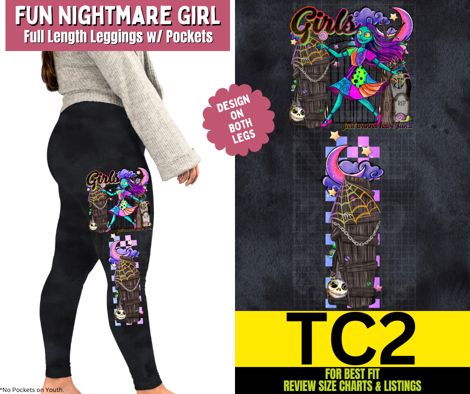 Fun Nightmare Girl Watercolor Full Length Leggings w/ Side Leg Designs