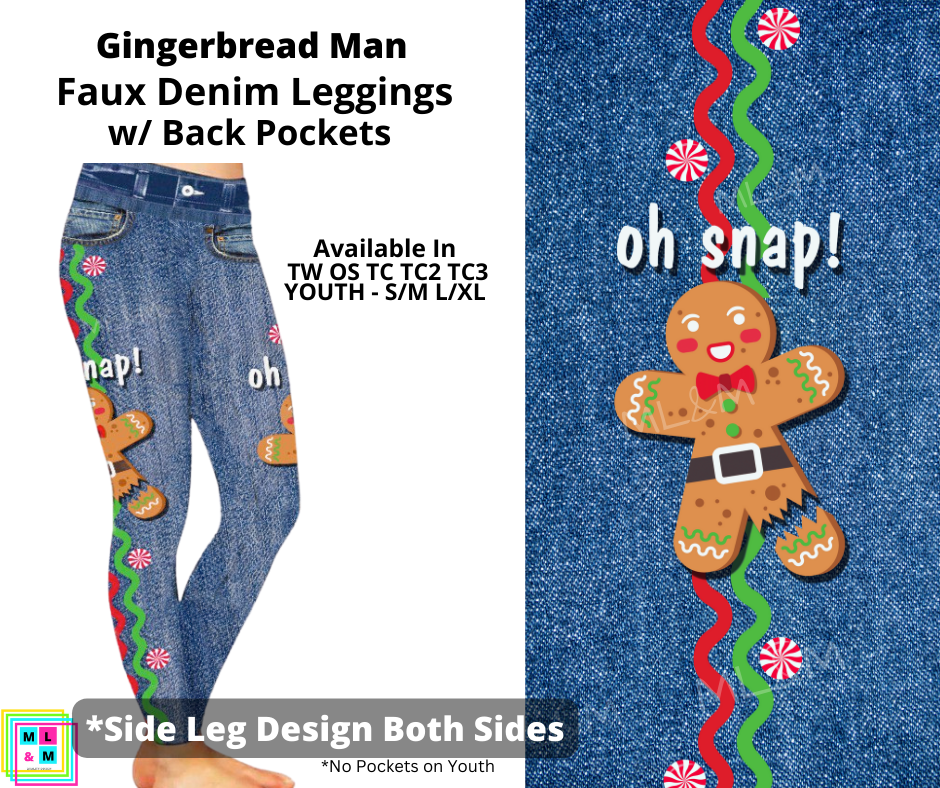 Gingerbread Man Full Length Faux Denim w/ Side Leg Designs