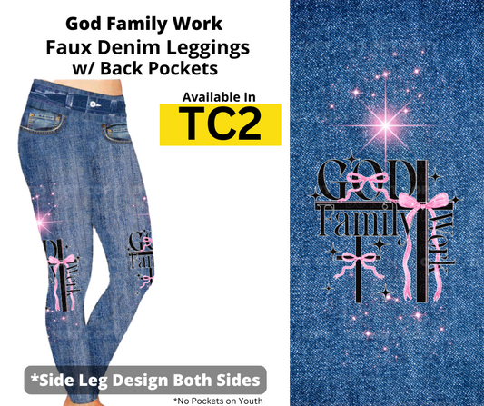 God Family Work Full Length Faux Denim w/ Side Leg Designs