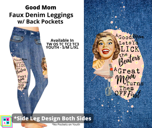 Good Mom Full Length Faux Denim w/ Side Leg Designs