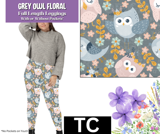 Grey Owl Floral Full Length Leggings w/ Pockets