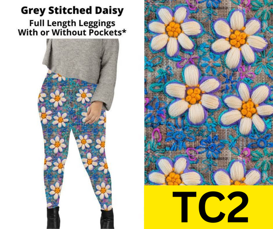 Grey Stitched Daisy Full Length Leggings w/ Pockets