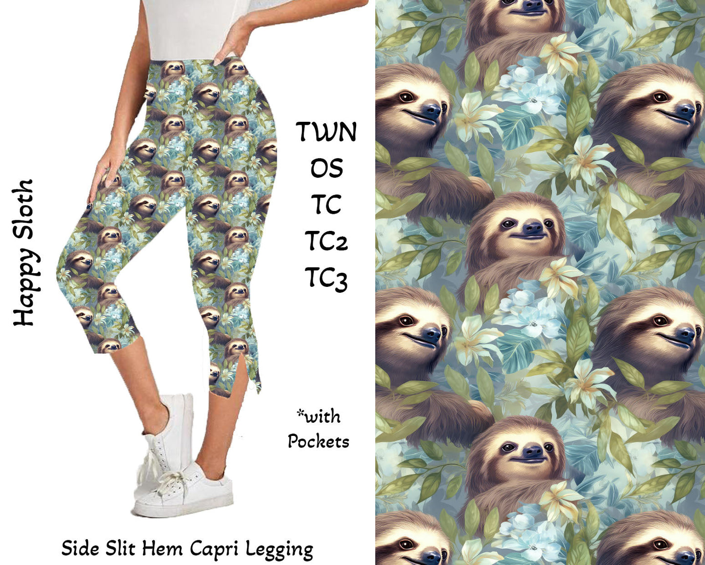 Happy Sloth - Side Slit Hem Capri Leggings with Pockets Preorder Closes 2/23